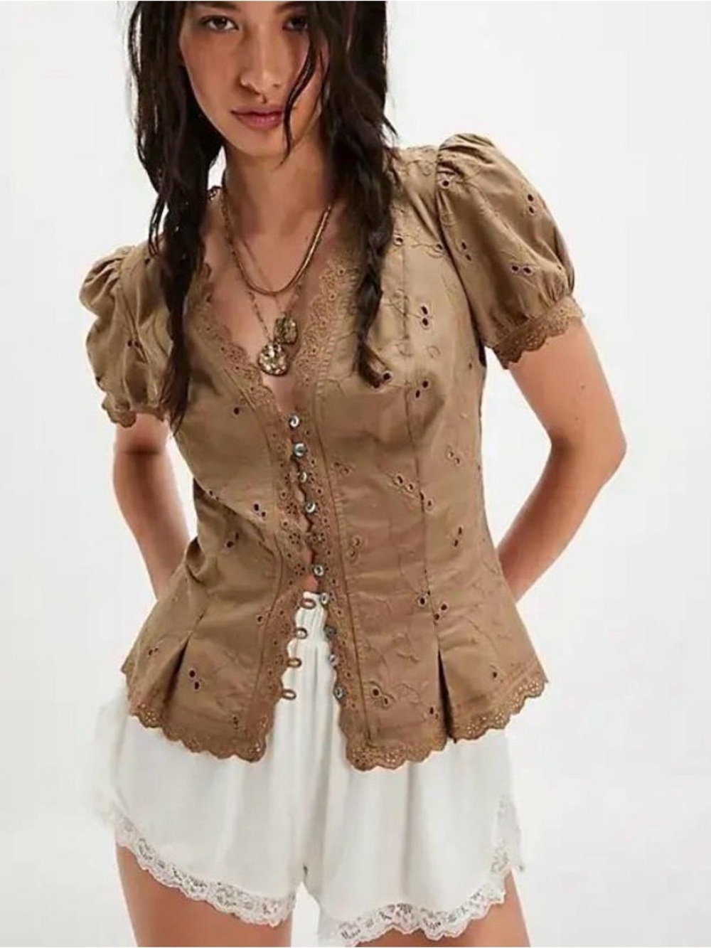 Anthropologie Tan Eyelet Lace-Trim Button Front Puff Sleeve Blouse